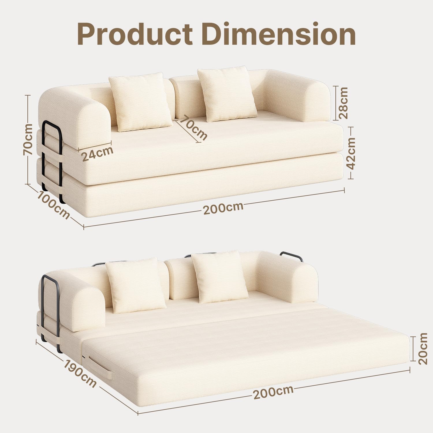 Xbro Sofá Cama 3 Plazas de 200cm,Sofa Modular con 5 configuraciones transformables，Sofa comprimido al vacio(Sin Montaje) de Pana para salón y Dormitorio, Blanco