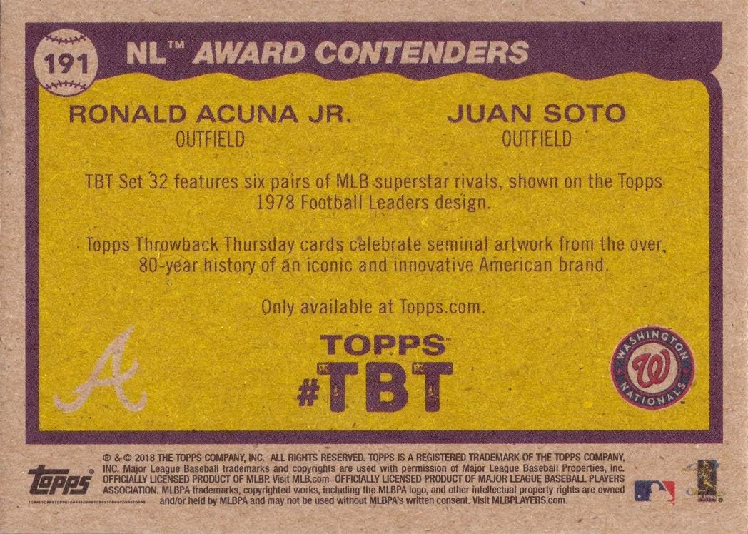2018 Topps Throwback Thursday (TBT) #191 Ronald Acuna Jr. / Juan Soto Dual Baseball Rookie Card - Only 1,588 made!