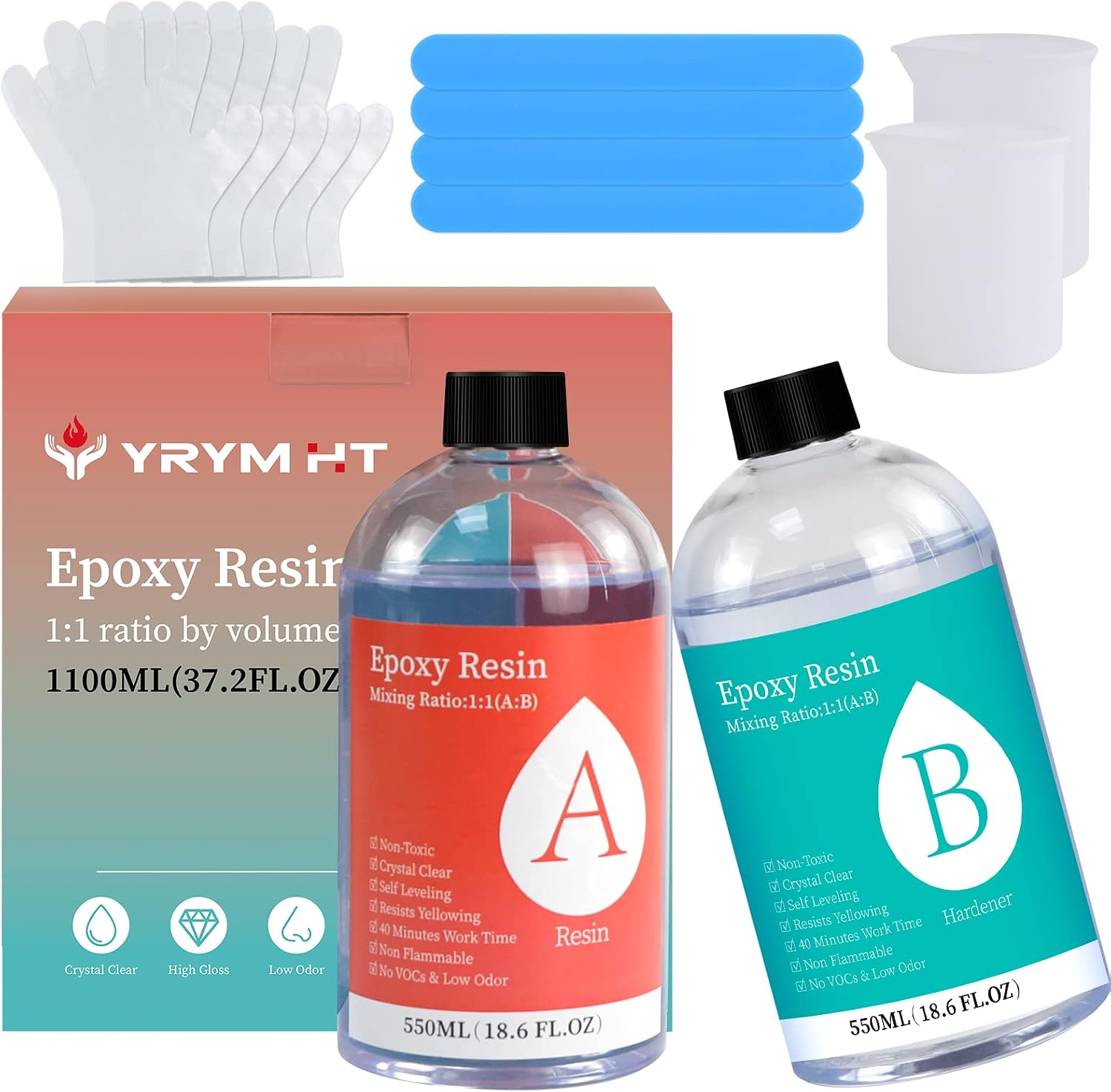 YRYM HT Crystal Clear Epoxy Resin Kit - 37.2 OZ Casting Resin Clear Resin Epoxy for Crafts, Jewelry Making, Art, Tumblers, River Tables, Easy Mix 1:1 Volume Ratio(Free Tool Kit)