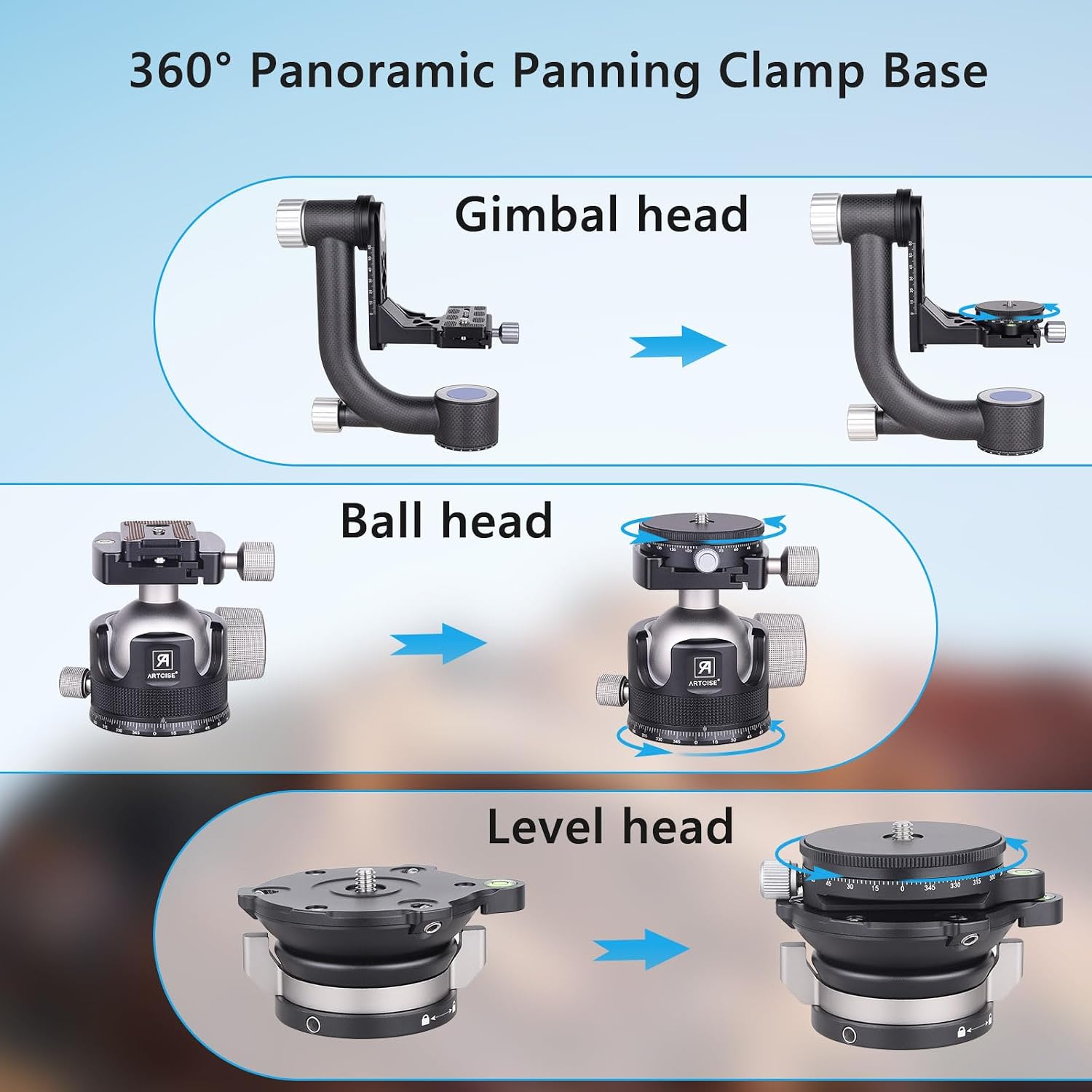 ARTCISE Panoramic Panning Base with Arca Swiss Style Plate, 3/8" Screw Aluminum Alloy 360° Panorama Tripod Head with Bubble Level for DSLR Cameras, Max Load 22 lbs Includes 3 Screw Adapters