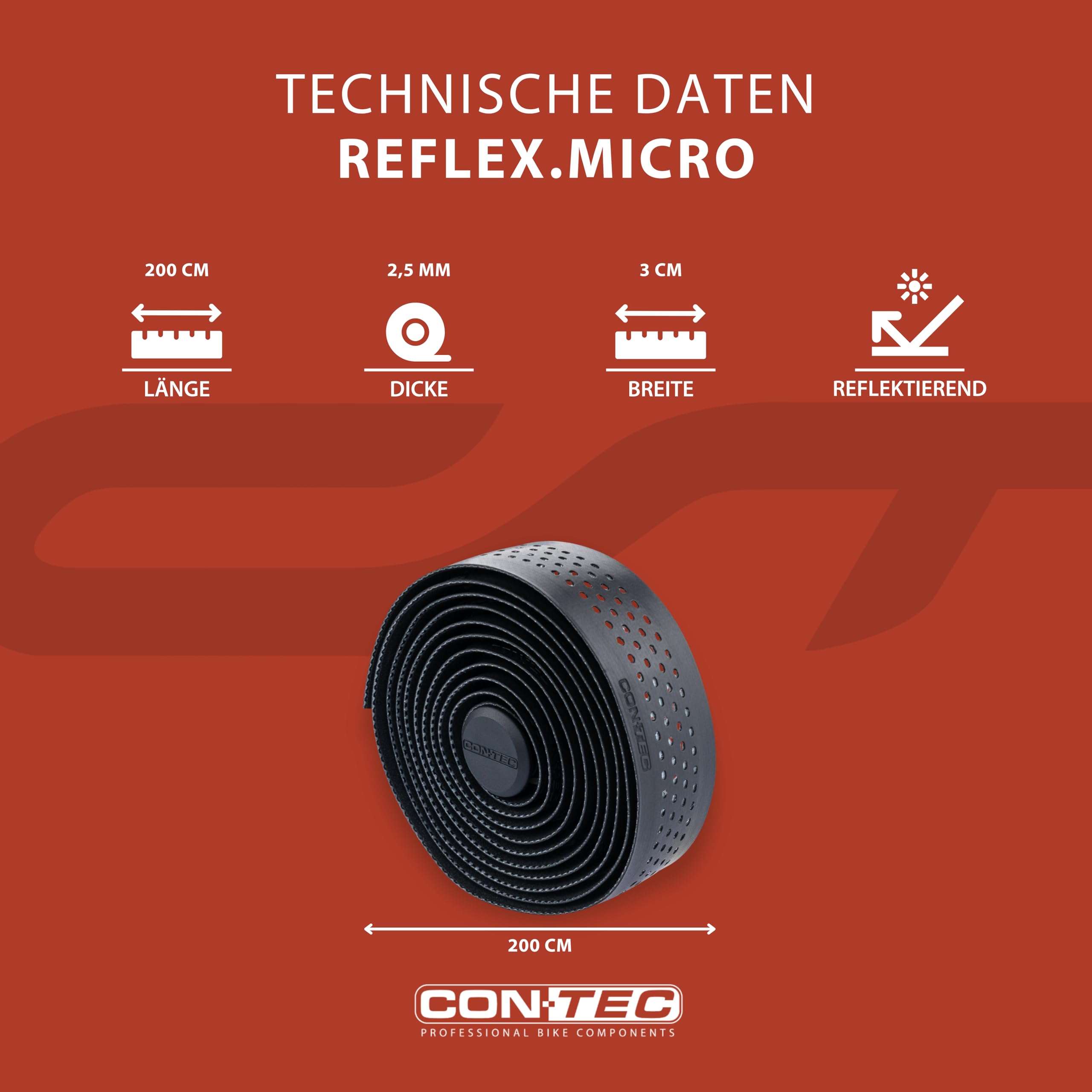 CONTEC Lenkerband Reflex.Micro, 2000x30x2,5 mm, aus Polyurethan und Schaummatrix, selbstklebend und rutschsicher, mit Klebestreifen und 2 Lenkerstopfen, Paar, schwarz reflektierend