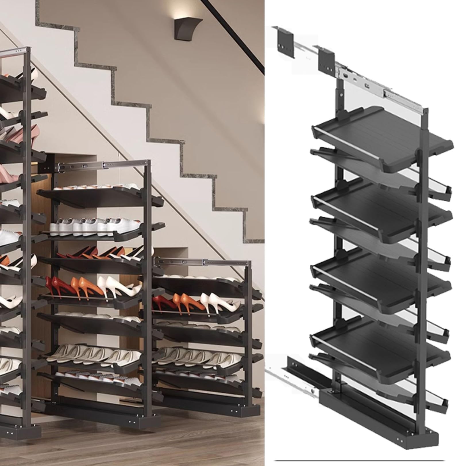 Pull-Out Shoe Rack Organizer for Closet Shoe Cabinet,Adjustable Height Retractable Metal Stackable Shoe Rack, Vertical Shelf Organizer for Small Bedroom Closet, Space Saving Storage, Black(68cm,8 Tier