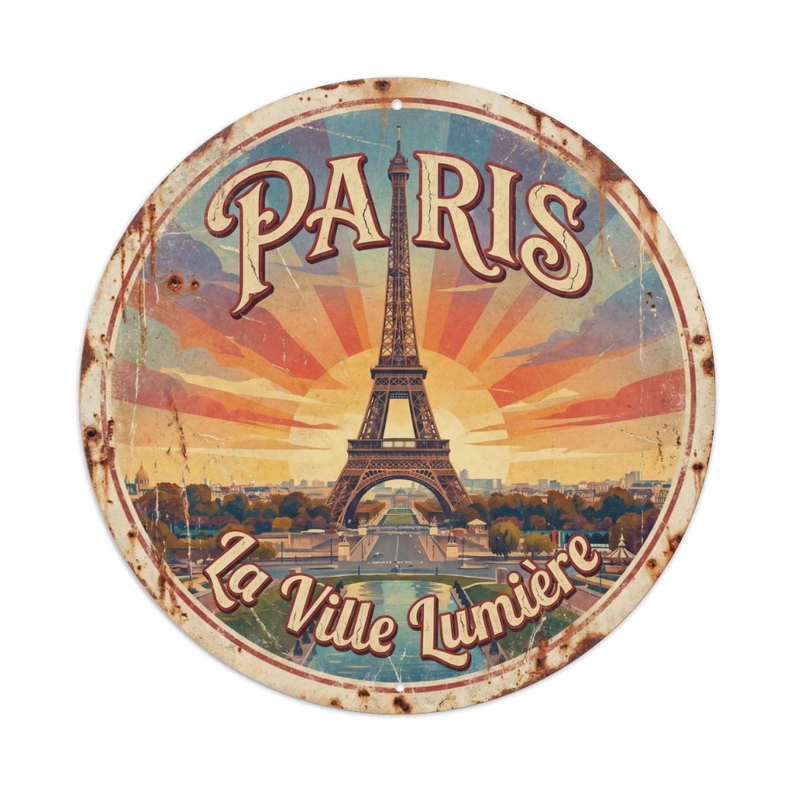 Vintage Travel Parisian Eiffel Landmark 2 Metal Tin Sign Plaque Wall Decor for Cafe, Club Bar, Office, Home Garden Round Metal Poster 8x8Inch
