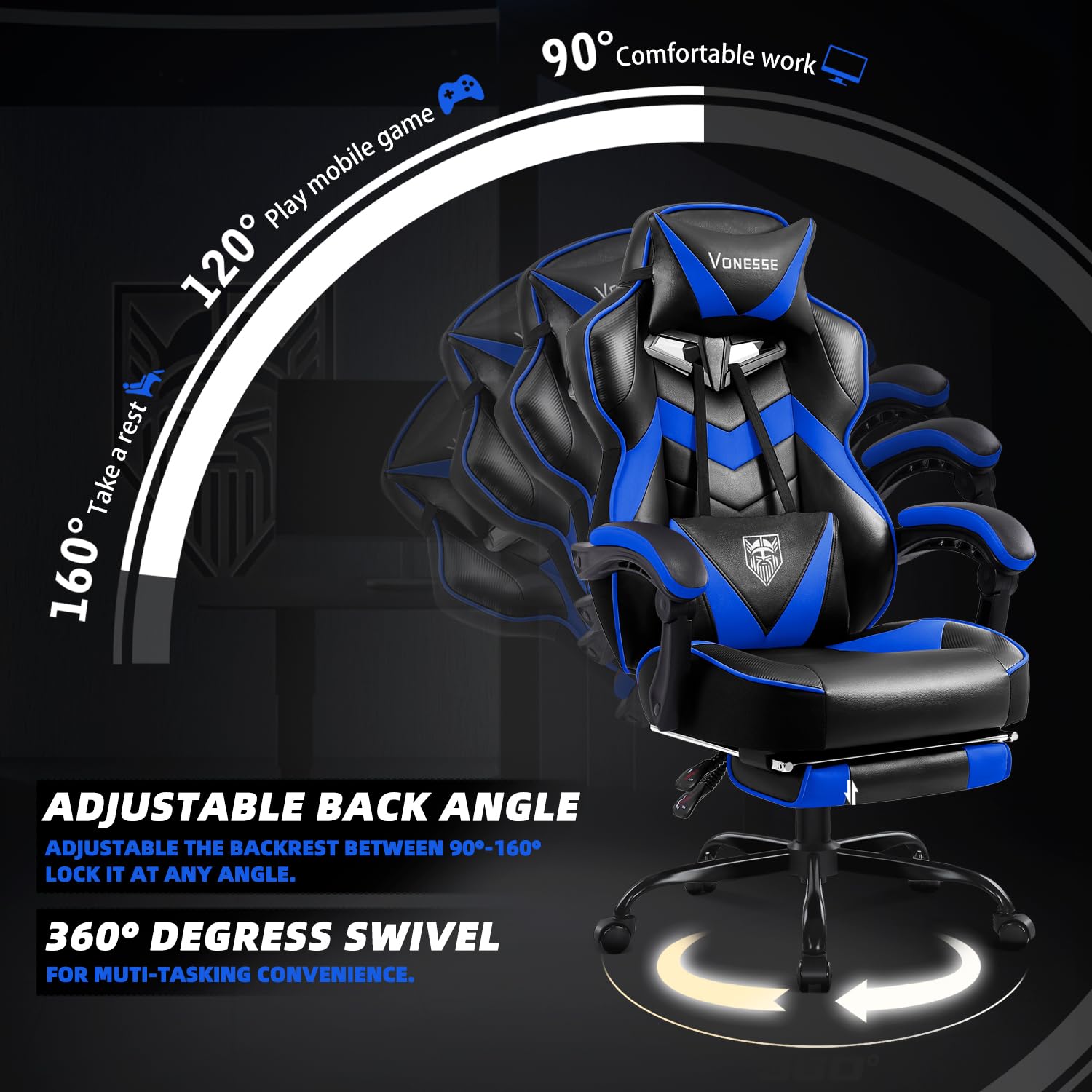 Vonesse Gaming Chair, High Back Gaming Chair with Footrest and Massage, Gaming Chairs for Adults with Pocket Spring Cushion, Big and Tall Reclining Computer Chair with Lumbar Support (): Blue/Black