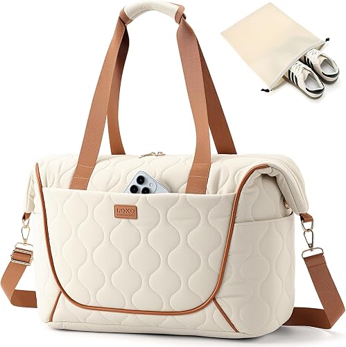 Quilted Puffer Travel Duffle Bag, Black, Large Capacity Weekender Tote, Multi-Compartment Design, Sporty Casual Style, Beige, Large (27 liters)