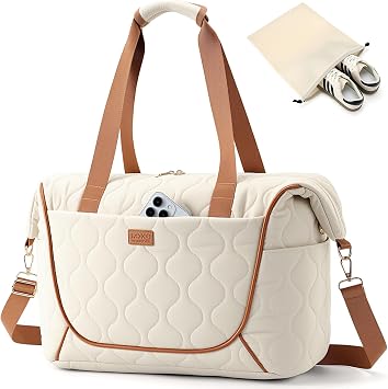Quilted Puffer Travel Duffle Bag, Black, Large Capacity Weekender Tote, Multi-Compartment Design, Sporty Casual Style Beige