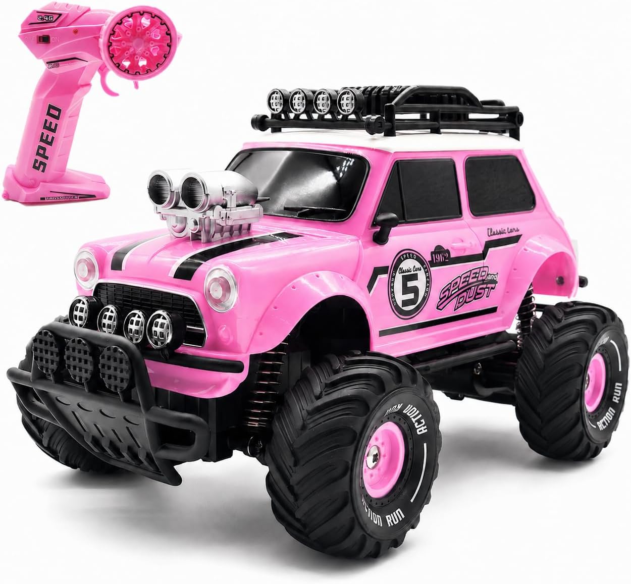 10Leccion Remote Control Car for Girls, Pink RC Truck with 2 Rechargeable Batteries, 2.4GHz Kids RC Monster Truck Toy, Easy Control Birthday Gift for Girls Ages 3-8