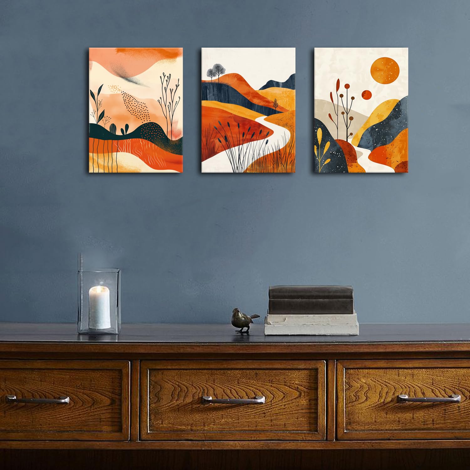 Set of 3 Boho Framed Wall Art for Living Room Abstract Mountain Desert Bedroom Pictures Mid Century Modern Wall Decor Orange Boho Home Decor Minimalist Neutral Artwork Office Decorations 30x40cm - Image 3