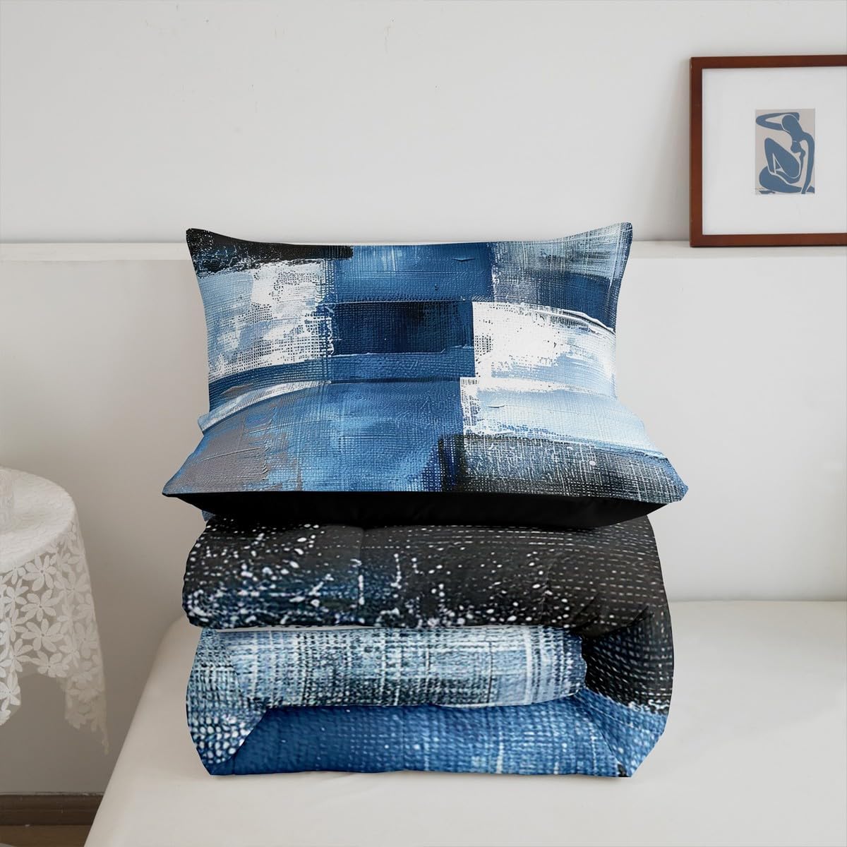 Erosebridal Gray Abstract Comforter Set King Navy Blue Watercolor Bedding Set, Tie Dye Gradient Down Comforter Grunge Ombre Quilt Comforter, Patchwork Bedding Comforters & Sets 3pcs Soft Cozy