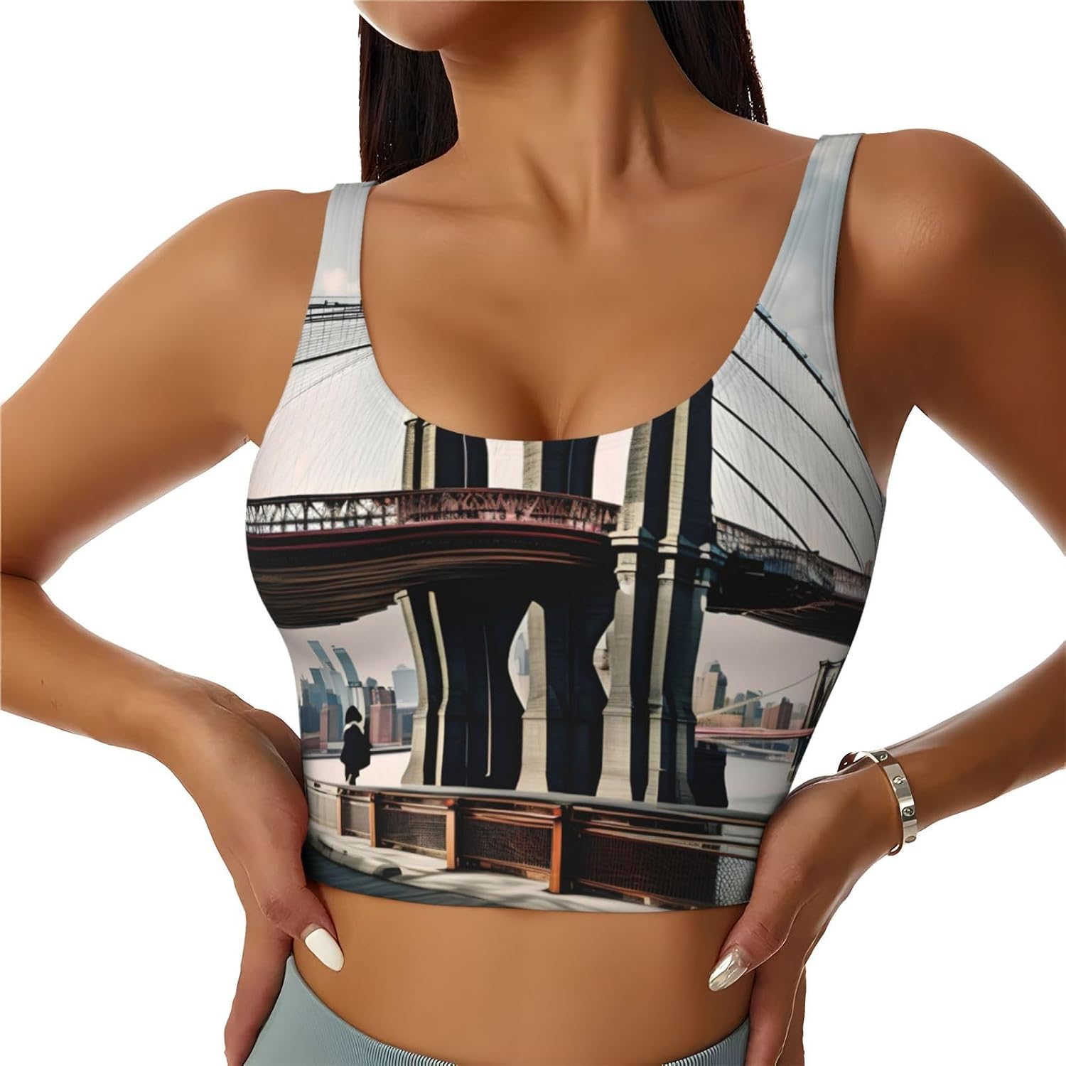 Brooklyn Bridge S Print Women's Sports Bra Tank Tops,Longline Sports Bras for Yoga,Workout and Running