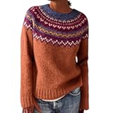 Fair Isle Sweater Women Fall Knitted Vintage Embroidered Sweaters Crewneck Stripes Long Sleeve Casual Boho Tops