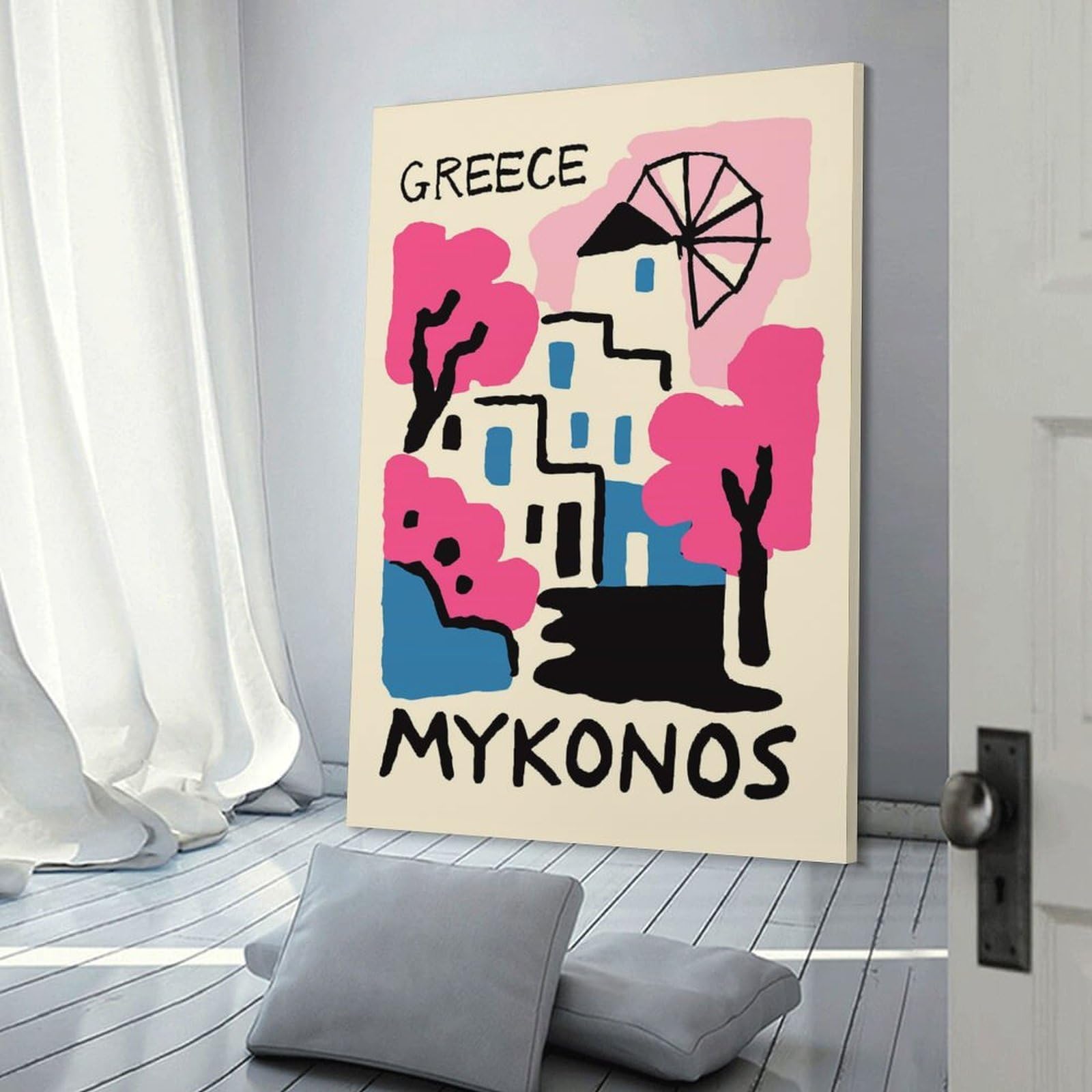Junmoney Canvas Art Print Greece Mykonos Travel, 24x36inch(60x90cm), for Small Homes, Bedrooms Or Open Spaces, A Simple Refresh for Blank Walls