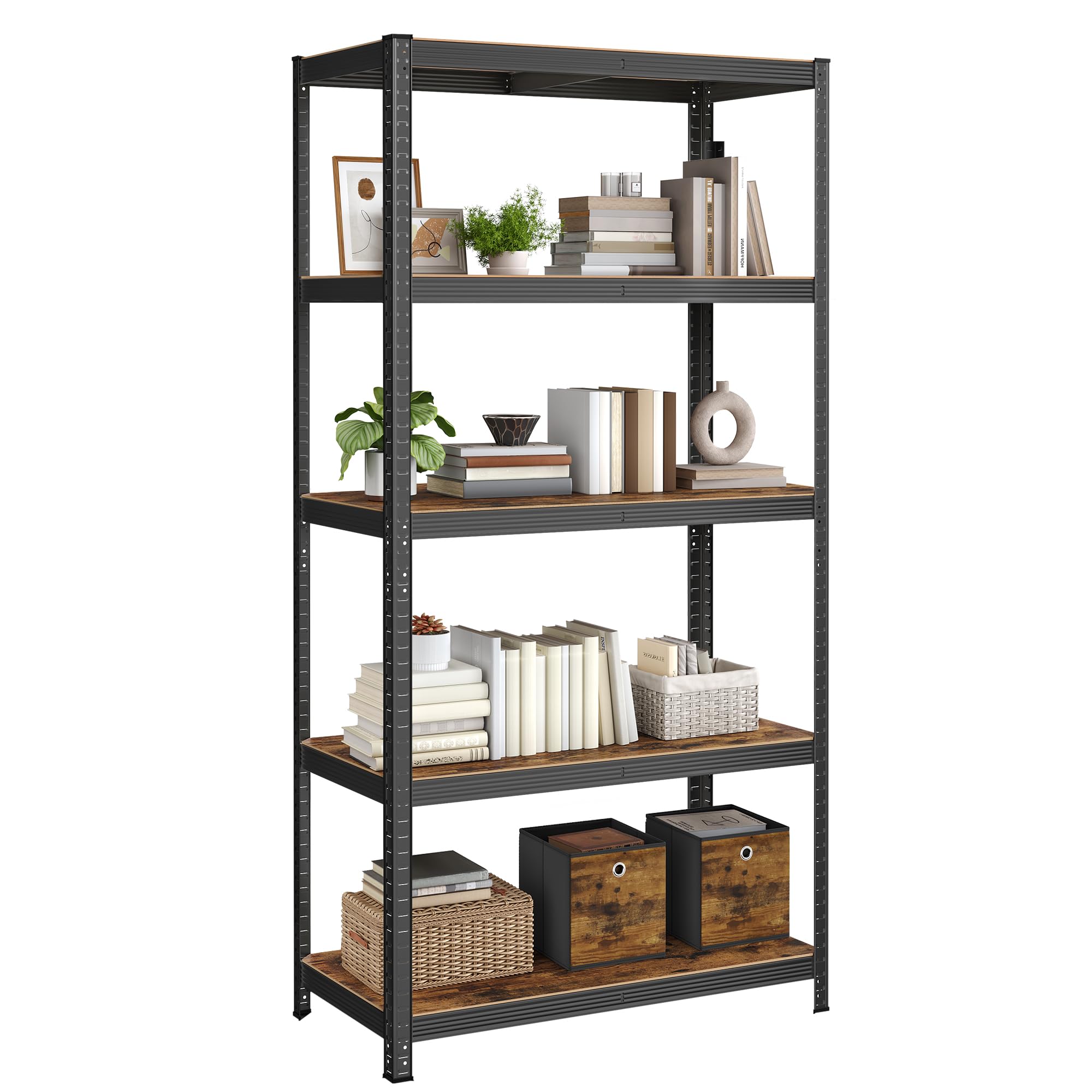 SONGMICS Standregal, Bücherregal, Lagerregal, 5 Ablagen, Küchenregal, Regal, 60 x 120 x 200 cm, bis 750 kg belastbar, verstellbare Ablagen, Industrie-Design, vintagebraun-schwarz GLR060B11