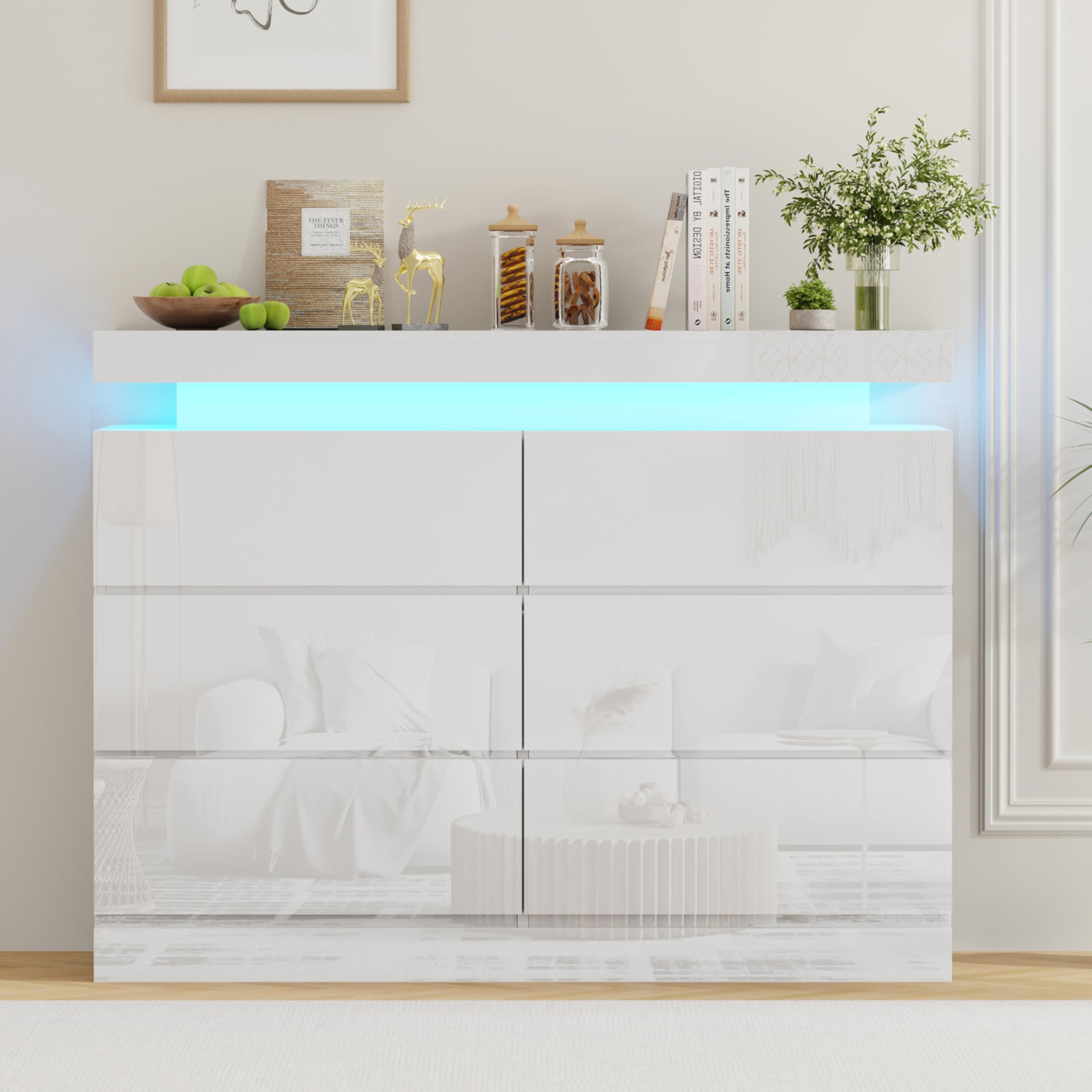 BSTSEL White High Gloss Chest of Drawers, 6/8 Drawers Chest, Large Storage Space for Living Room and Bedroom Bedside Table Cabinet with 16 Colours RGB Lights (6 Drawers White High Gloss) โ image 1