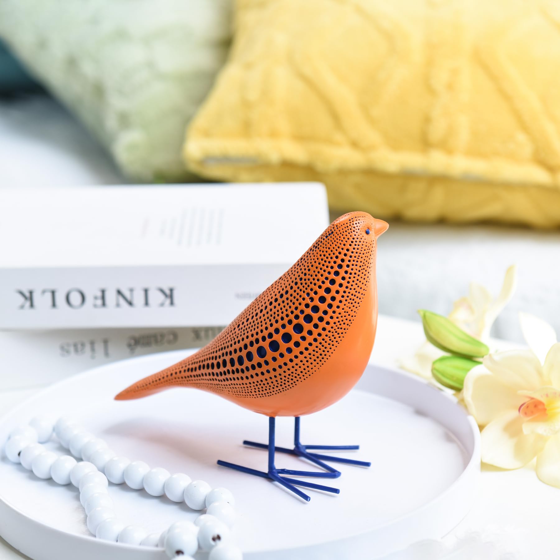 Quoowiit Bird Figurine, Modern Sculpture and Statues for Home Decor, Animal Statues for Bookshelf, Table, Entryway, Fireplace, Resin Decorative Sculpture with Chic Polka Dots Art Design (Orange)