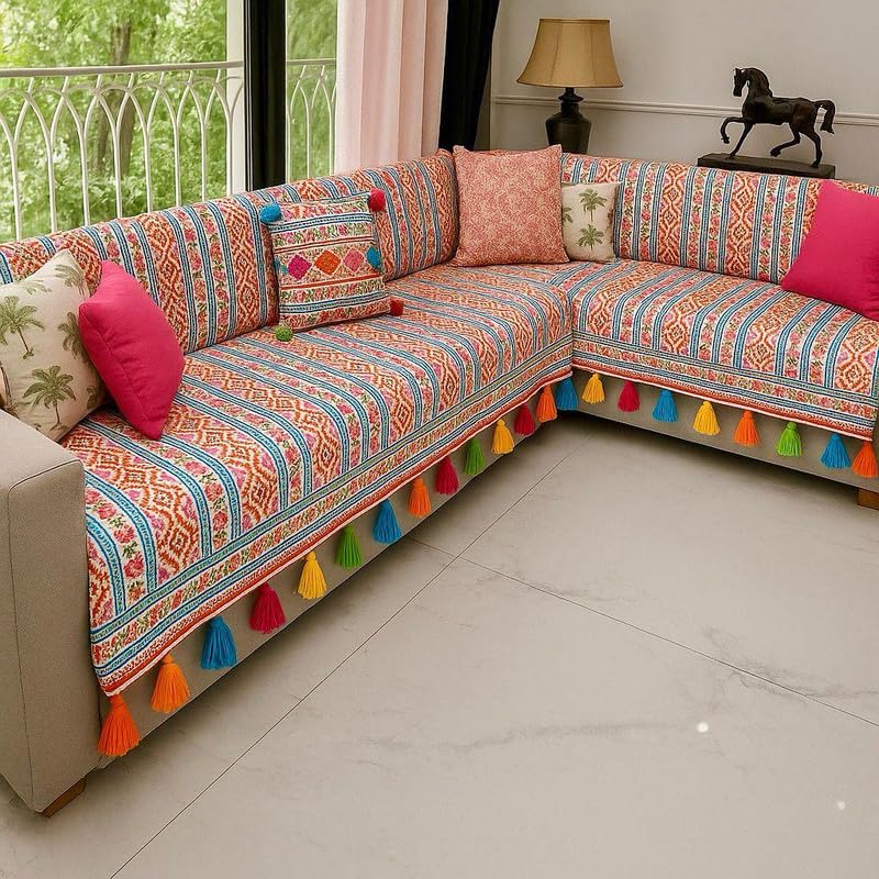 Sunburst Floral 4 Seater L Shape Sofa Cover with Tassels | 2