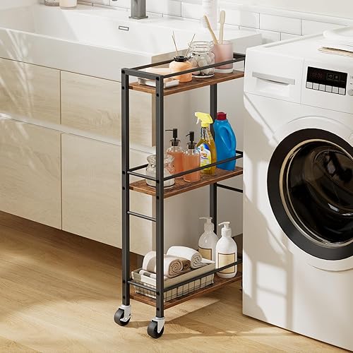 Carro rodante delgado, carrito de cocina móvil sobre ruedas, carrito de almacenamiento estrecho para espacio pequeño, carrito de servicio de madera,