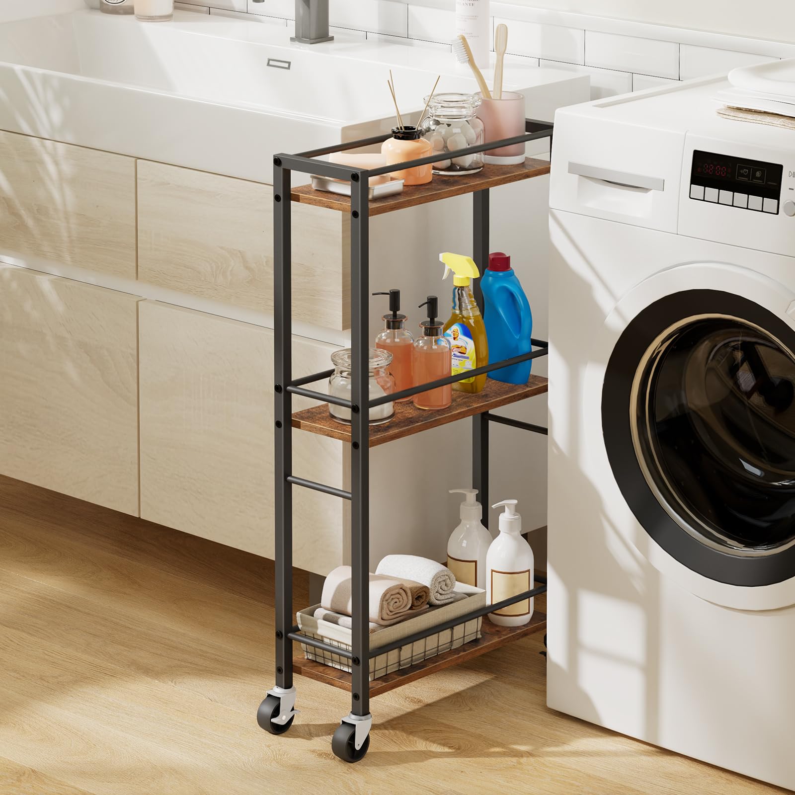 MAHANCRIS Carro Estrecho con 3 Estantes, Carro de Cocina Estrecho con Ruedas, Práctico Carrito de Almacenamiento, para Espacios Reducidos en Comedores, Cuartos de Baño, ARCHR1501Z