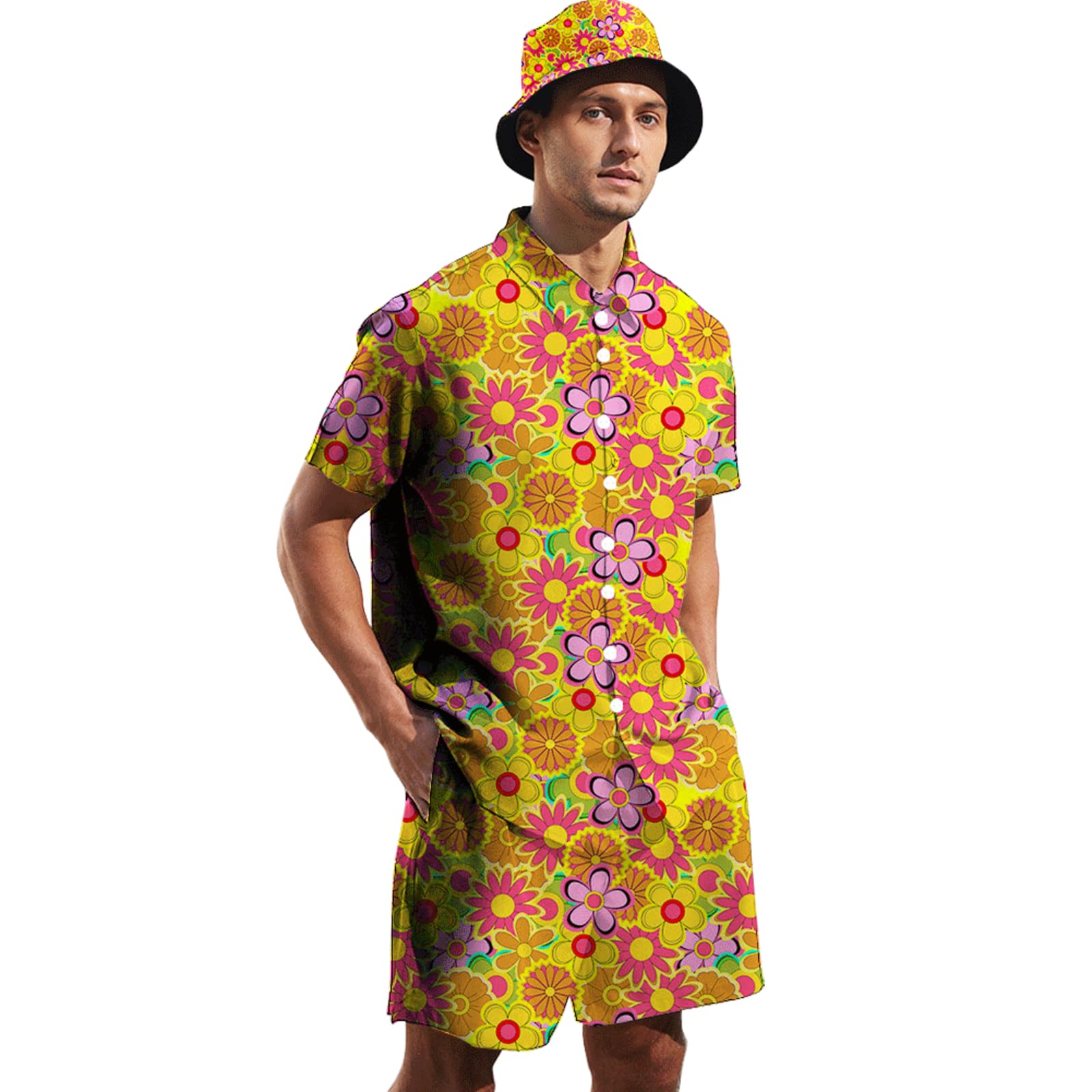 Ensemble hawaïen pour homme, chemise de plage et short avec chapeau cloche