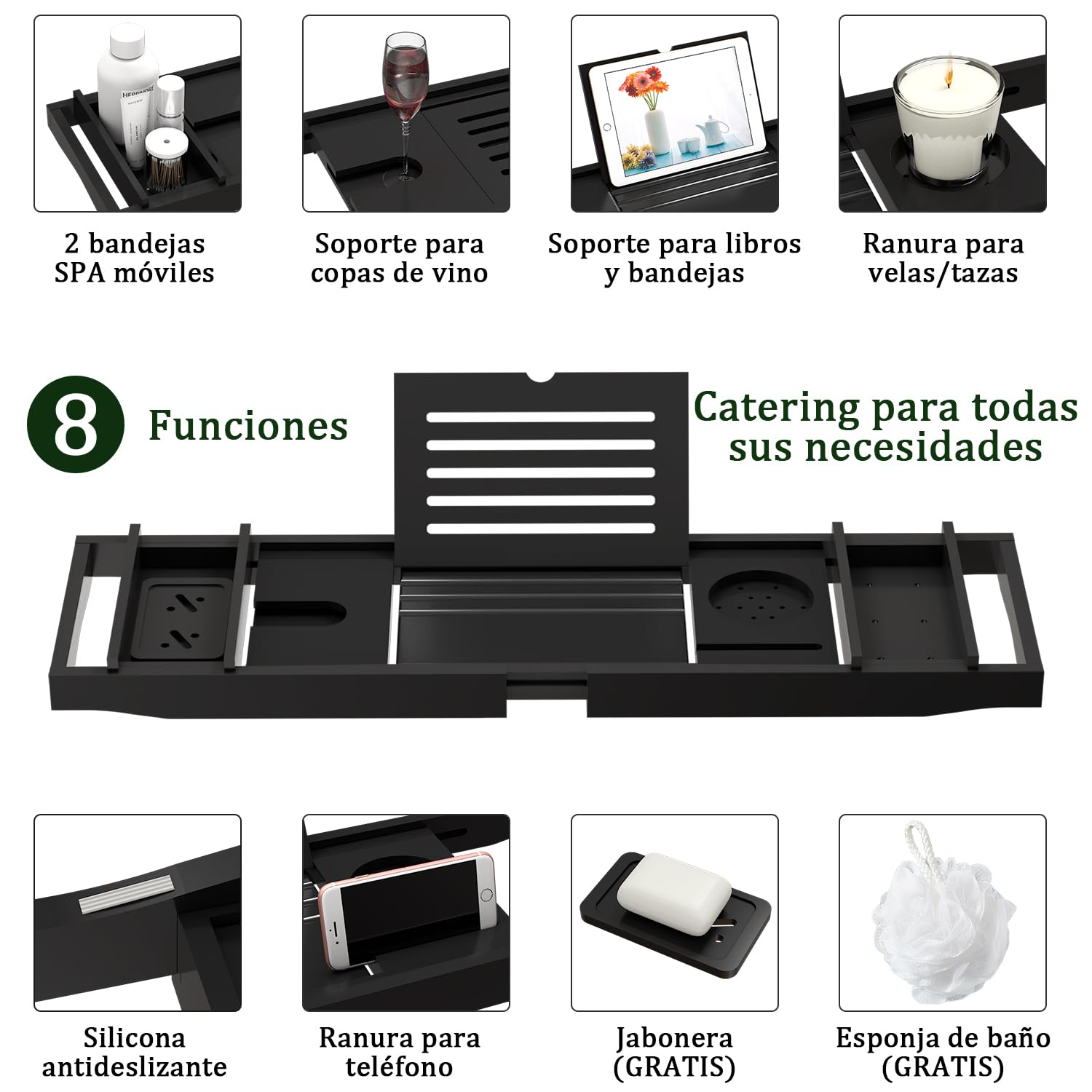 Bandeja de Baño, Tabla Bañera de Bambú Ajustable, 75-109 * 23 * 4,5cm, se Adapta a la Mayoría de Bañeras, Accesorios baño Madera para iPad, Libros, Teléfono, Vidrio (Negro)