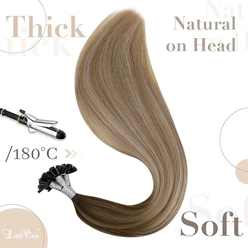 Miniatura 4 de LaaVoo Extensiones de cabello humano con punta en U, balayage, extensiones de cabello humano real, color castaño medio, degradado, rubio dorado,