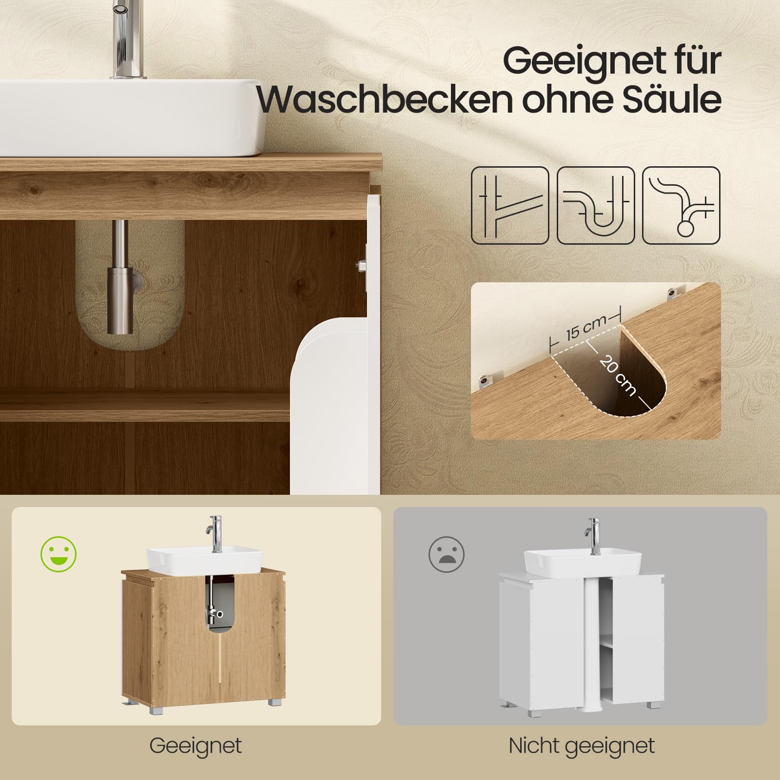 EUGAD Waschbeckenunterschrank, Badezimmerschrank, 2 Fächer hinter den Türen, mit verstellbarem Einlegeboden, 70 x 40 x 65 cm, Weiß und braune Holzoptik