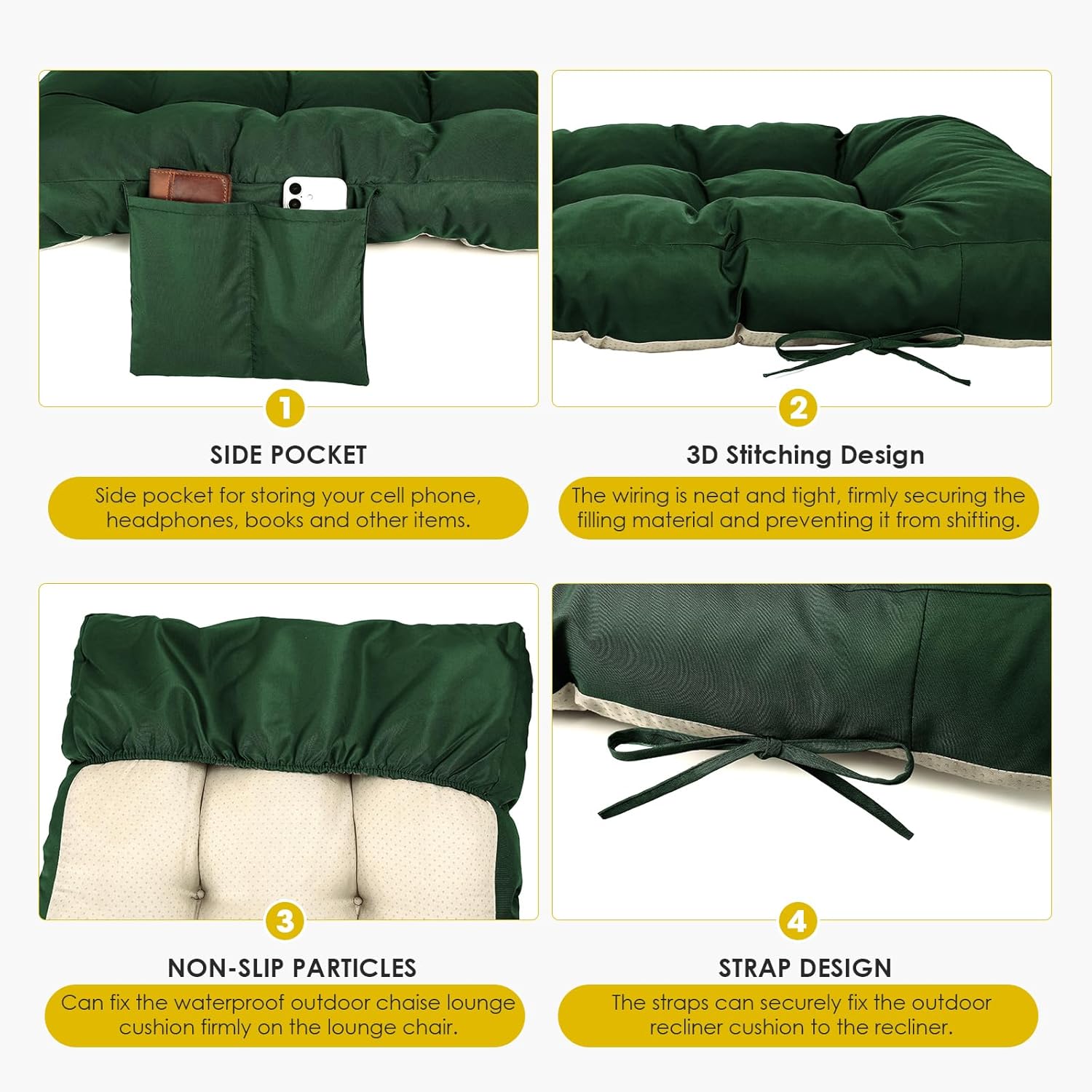 Outdoor Chaise Lounge Chair Cushion,Lounge Chair Cushions Thickened with Headrest and Pocket,Waterproof Replacement Patio Pool Lounge Chair Cushion for Outdoor Furniture with Ties,Dark Green