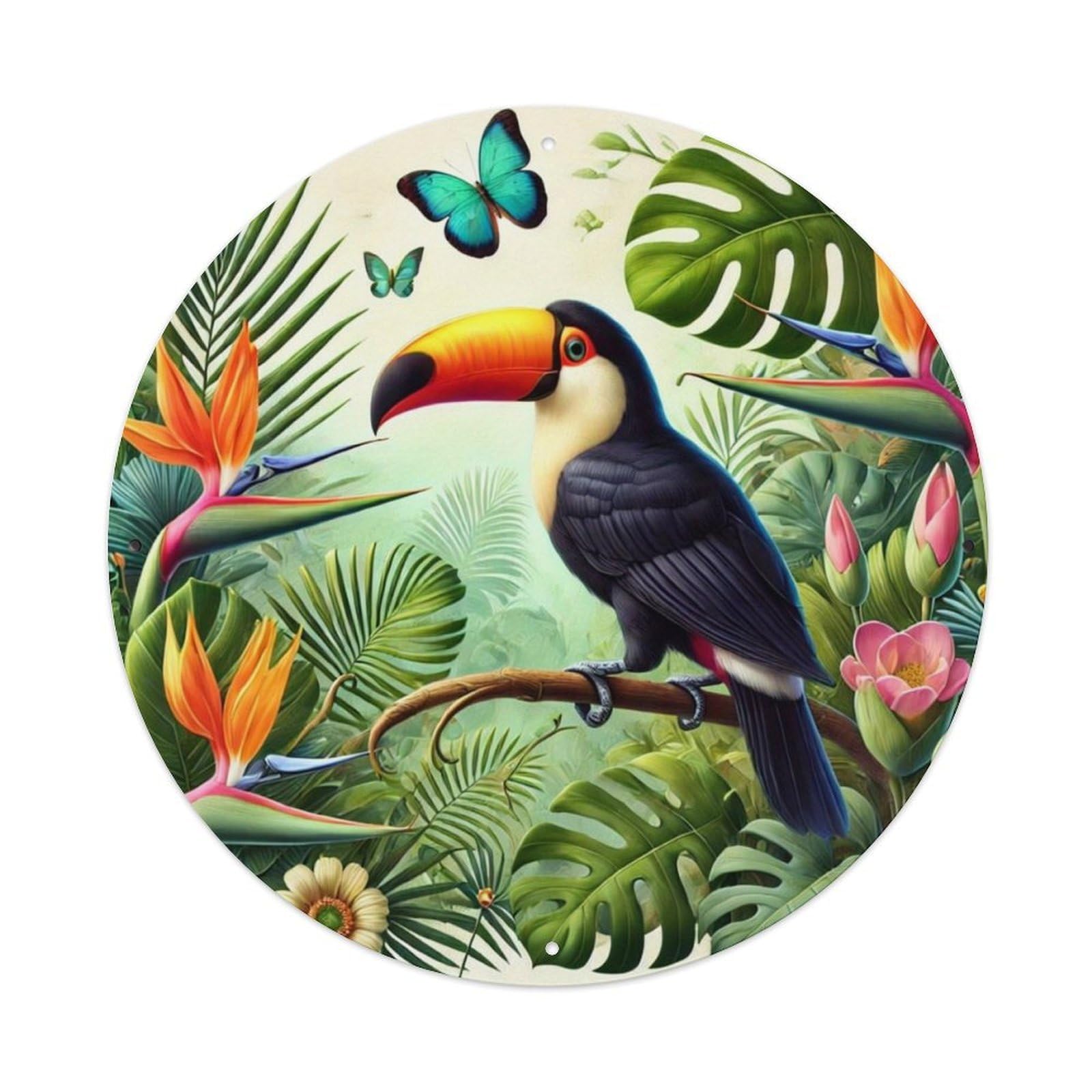 Jdyansheng Vintage Toucan Tropical Jungle Leaf Pattern Tin Sign Metal Poster Metal Signs For Home Man Cave Bar Cafe Kitchen Laundry Room Wall Decorations 8X8 Inches