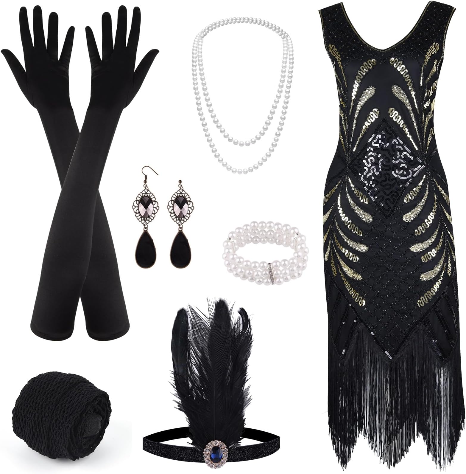 1920s V Neck Sequin Beaded Fringed Dress with 20s Accessories Set