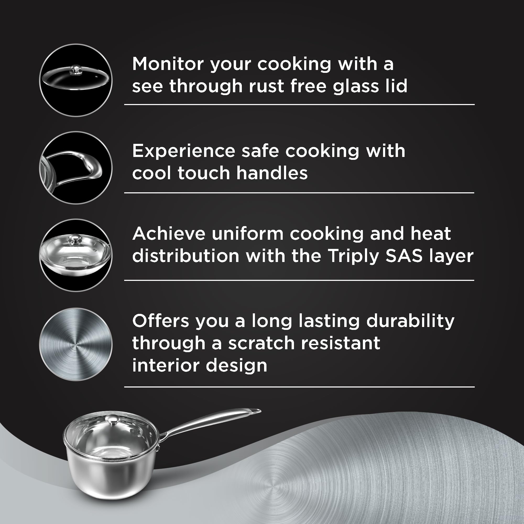 ?Preethi Metallica Collection Triply Stainless Steel Milk Pan with Glass Lid, 16 cm, Gas & Induction Compatible, Metal Spatula Friendly - 1 Liter 2