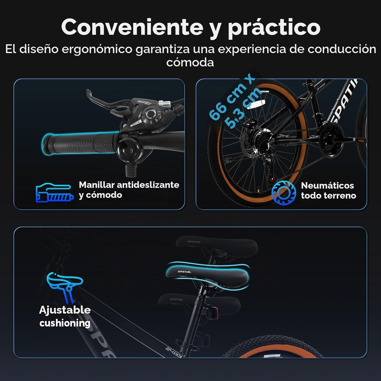 SPATIAL MTB Bicicleta de Montaña para Adultos y Jóvenes - 29/27,5/26/24 Pulgadas, 8/21 Velocidades, Frenos de Disco Mecánicos Dobles, Cuadro de Aluminio, Suspensión Delantera, Asiento Ajustable