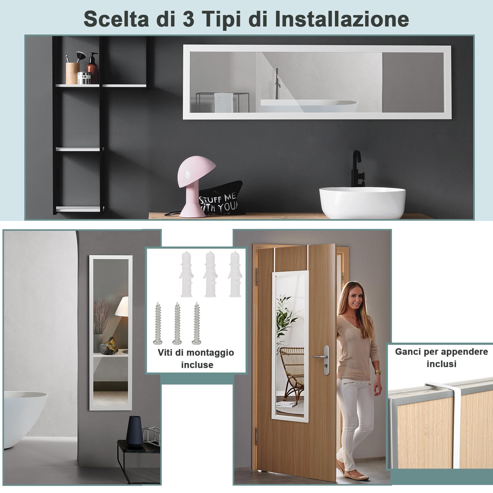 GYMAX Specchio da Parete a Figura, 119 x 33 cm, con Ganci Antiruggine e Adesivi, Specchio Verticale da Porta Antinfortunistico per Camera da Letto Soggiorno Spogliatoio (Bianco)