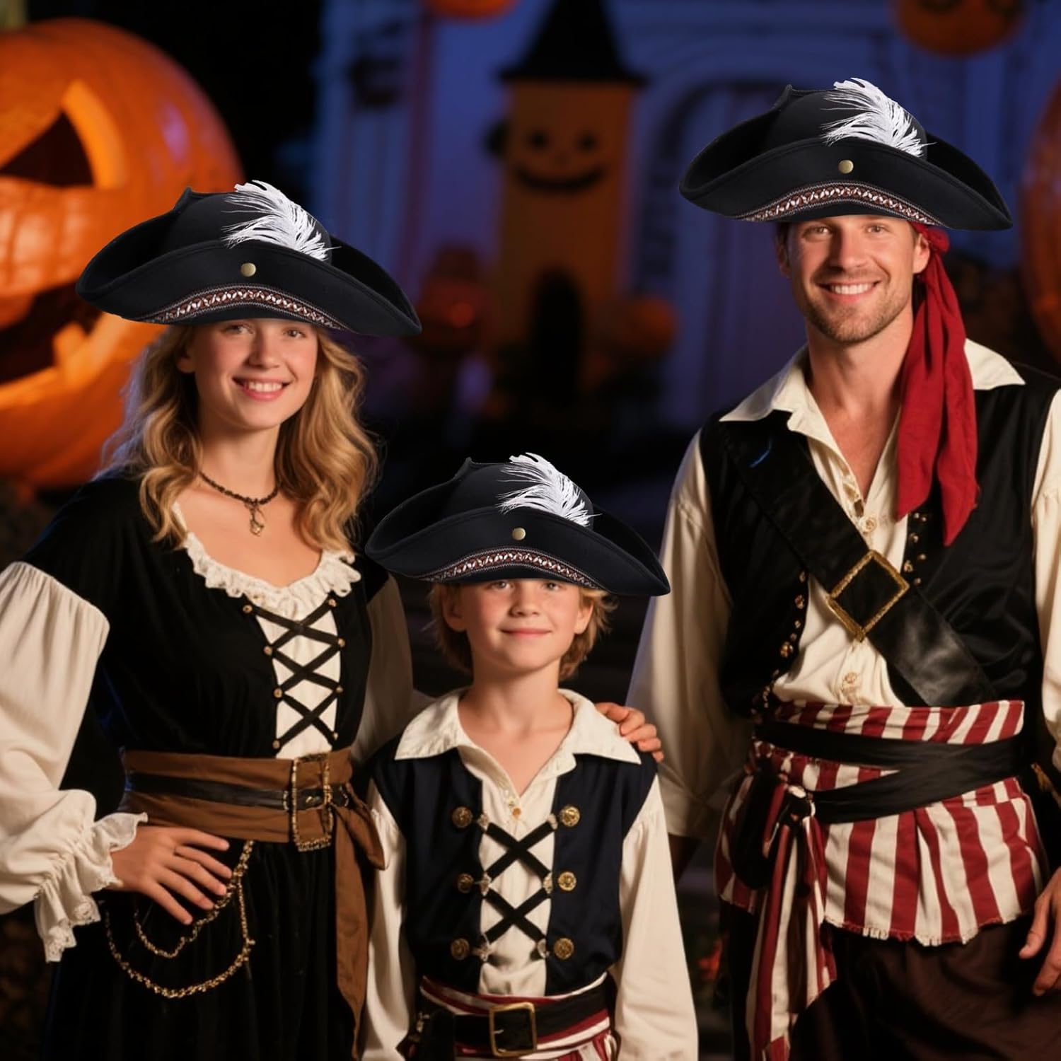 Adult Tricorn Pirate Hat with Feather for Halloween, Black Pirate Captain Hat for Colonial Revolutionary, for Women Men - Image 7