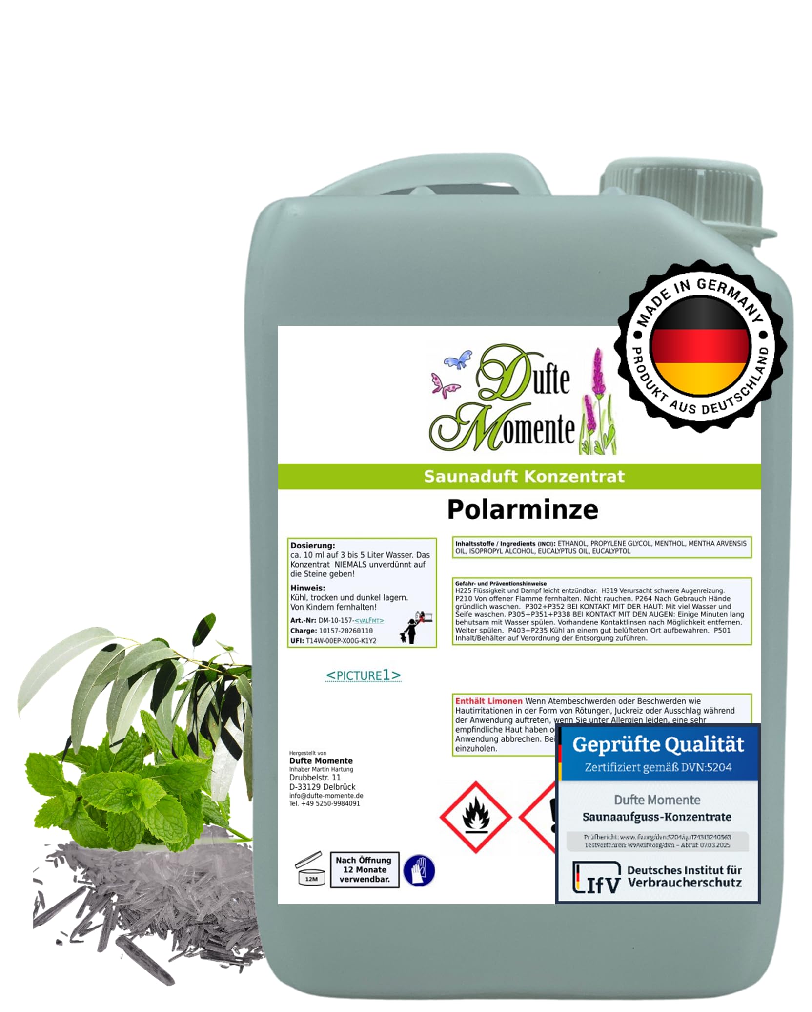 Dufte Momente Saunaaufguss-Konzentrat Polarminze (Eukalyptus, Menthol & Minze) – 3 Liter – kühl & klar – konzentriert & ergiebig – Profi-Qualität gemäß DVN:5204 getestet – vegan & Made in Germany