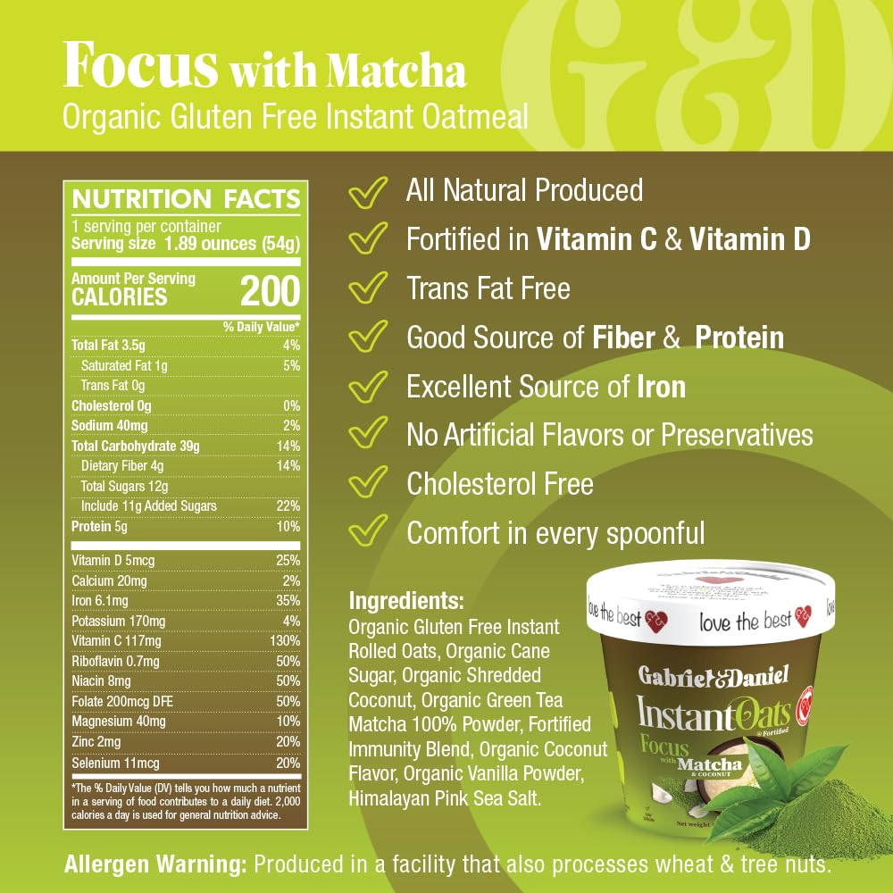 Gabriel & Daniel Instant Oatmeal with Matcha & Coconut – Non-GMO, Pure and Organic Gluten Free Oats – High Fiber & Probiotics for Digestive & Brain Health – Quick & Easy Breakfast (Pack of 12)