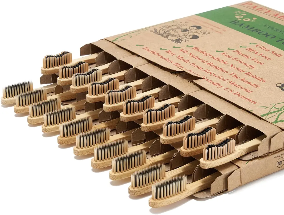 paeyaer 20 Count Bamboo Toothbrushes (Soft+Medium), Natural Wood Toothbrushes Bulk, Eco-Friendly, BPA Free, Biodegradable &amp; Compostable Charcoal Wooden - Reusable Travel Toothbrushes