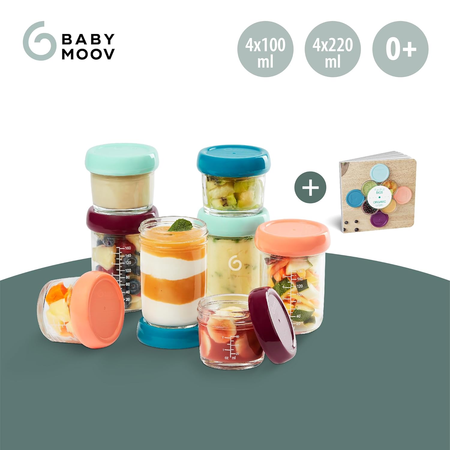 Icons indicating microwave, dishwasher, and freezer safety for Babymoov glass jars, with a hand holding a jar of green puree.