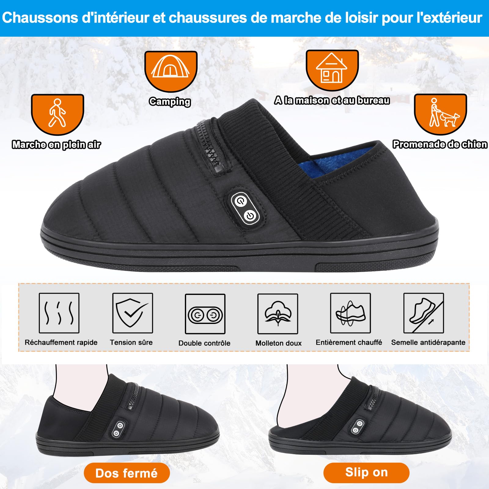 BIAL Chaussons Chauffants, Electrique Chauffe Pied Pantoufles Chausson Chauffant Hiver Double Interrupteur Pantoufles Chauffantes Chauffe-Pieds avec Batterie 5000mAh Hommes Femmes Intérieur/Extérieur