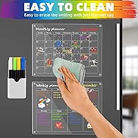 Vista 5 de Calendario magnético de 2 piezas para refrigerador de 16 x 12 pulgadas, acrílico semanal de borrado en seco, calendario mensual transparente