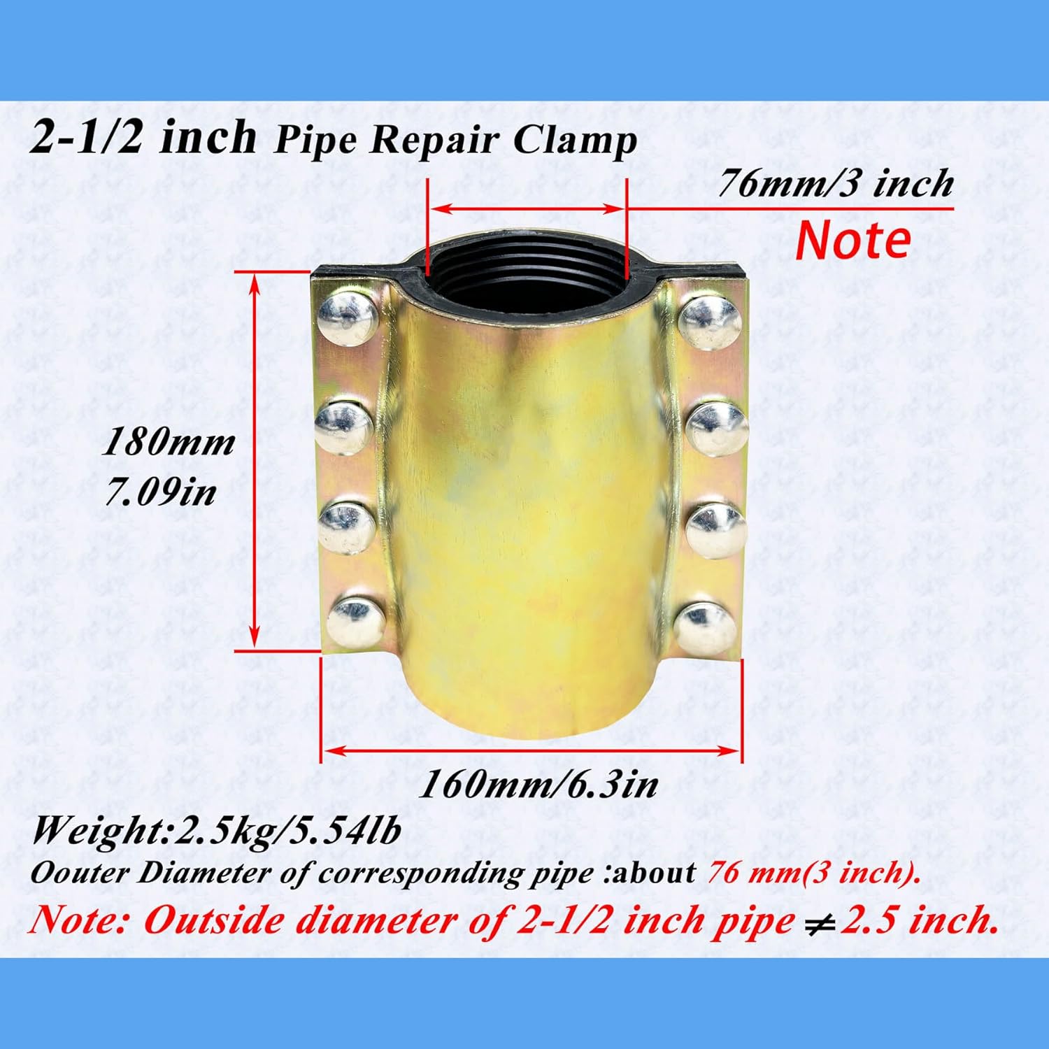 Water Pipe Repair Clamp,OD of The Applied Pipe is About 3 inch,Leak Sealer for Pipes and Plumbing,Length 7.09 inch,Suitable for Steel Pipe,Iron Pipe and PE/PPR Pipes