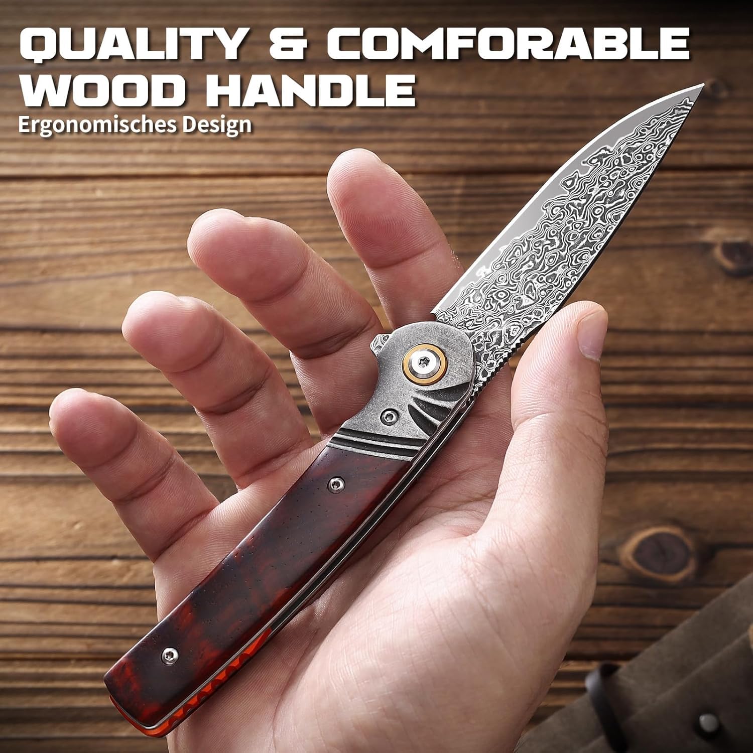 Omesio Cuchillo Plegable de Damasco 67 Capas con Núcleo VG10 – Navaja EDC de Bolsillo con Clip, Hoja Afilada y Funda de Cuero, Ideal para Camping, Outdoor y Uso Diario