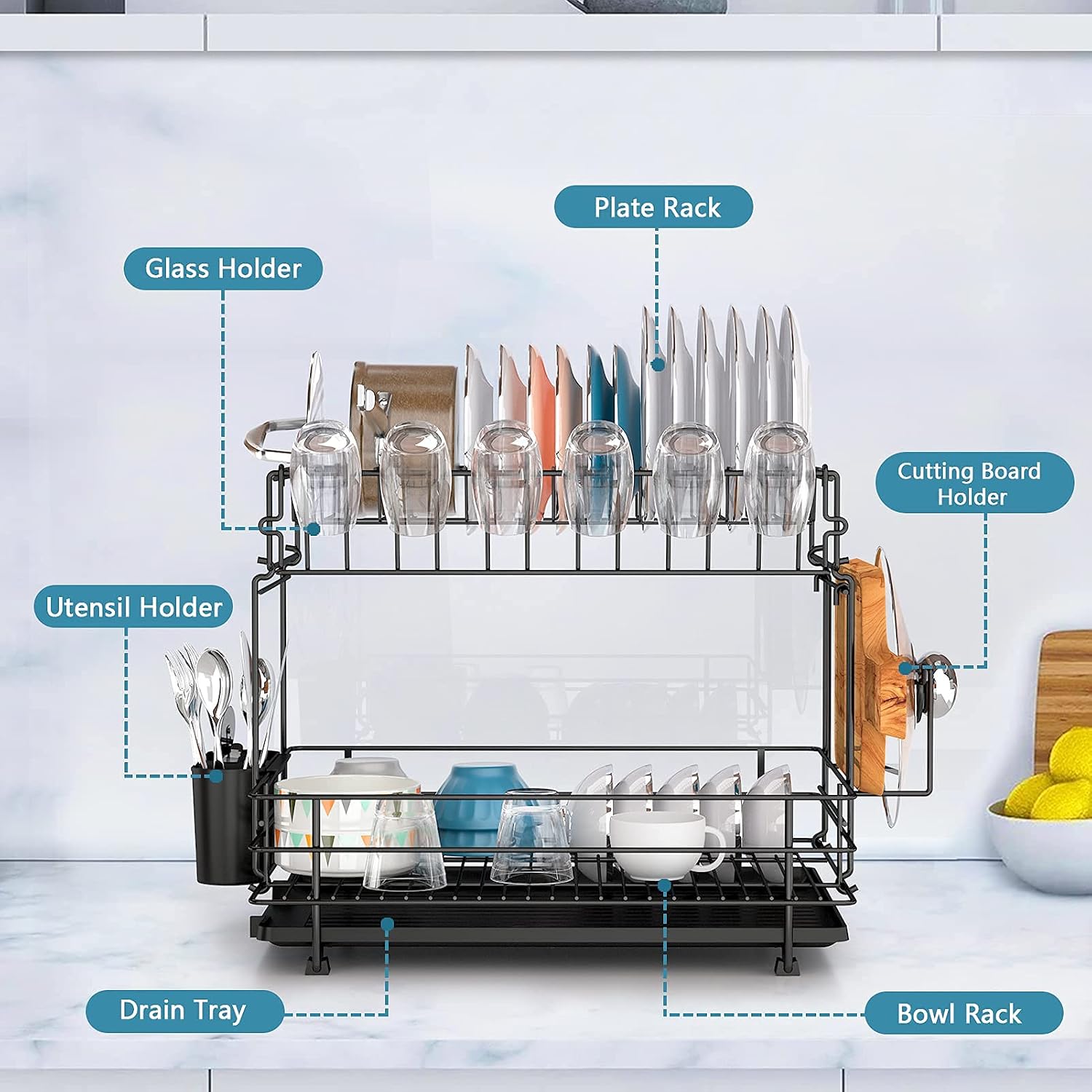 Dish Drying Rack, Auledio Dish Organizer 2 Tier Dish Drain with Utensil Holder, Cutting Board Holder, Cup Holder, Dish Racks for Kitchen Counter