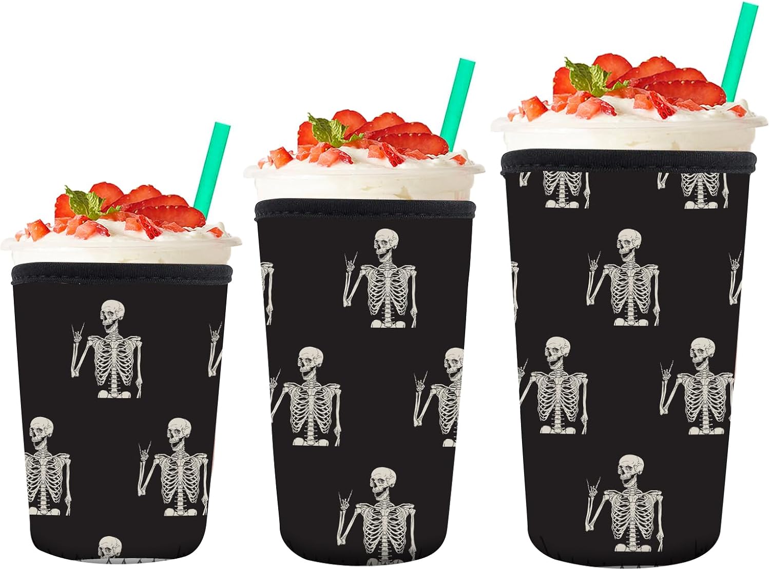 3 Pack Reusable Neoprene Insulator Sleeve for Iced Coffee Cups, Cute Funny Coffee Cup Sleeve, Universal Fit 16-32oz Cups for Hot Cold Beverages Cute Skull