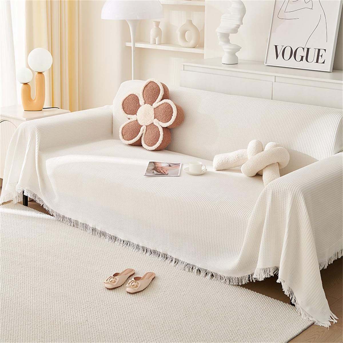 Xisnuient Cotton Sofas Throws Large 1/2/3/4 Seater, Bed Blanket Throws for Settees, Modern Solid Colour Non Slip Small Throw Sofa Covers King Size Blankets for Beds Double Cream Grey (White,90x210cm)