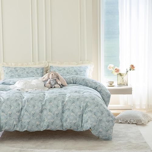 Miniatura 3 de Funda de edredón, 100 % algodón, juego de 3 piezas de ropa de cama con diseño floral en color azul, estampado estilo jardín florido elegante, con