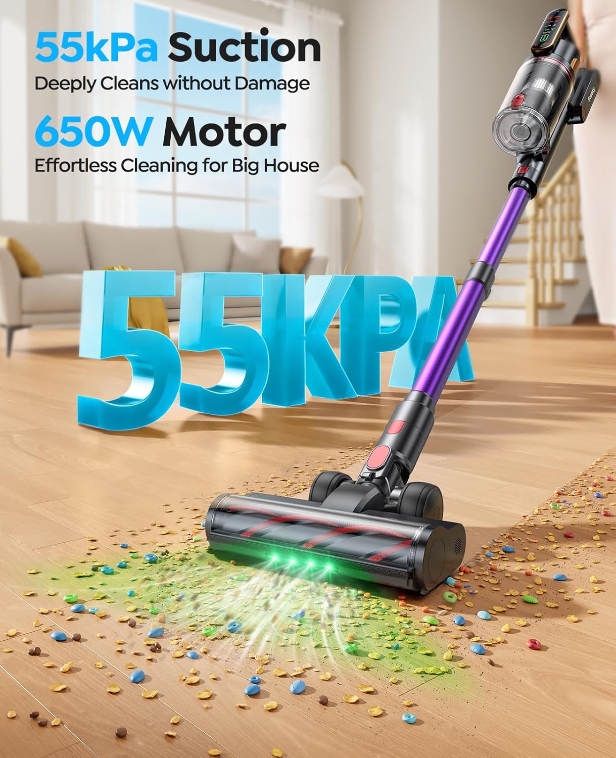Cordless Vacuum Cleaner 55KPa 650W 70Mins Stick Vacuum Cleaners for Home with Pet Brush, 3.3Ft Hose, Wall Mount Charging, Auto Mode, Touchscreen, Self-Standing Vacuum for Pet Hair/Carpet/Car, Ultra10 - Image 2
