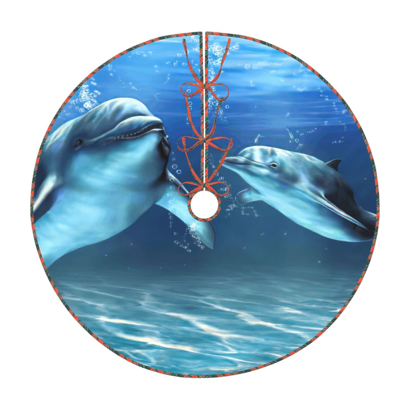Jupe de sapin de Noël originale avec son imprimé maritime de dauphins