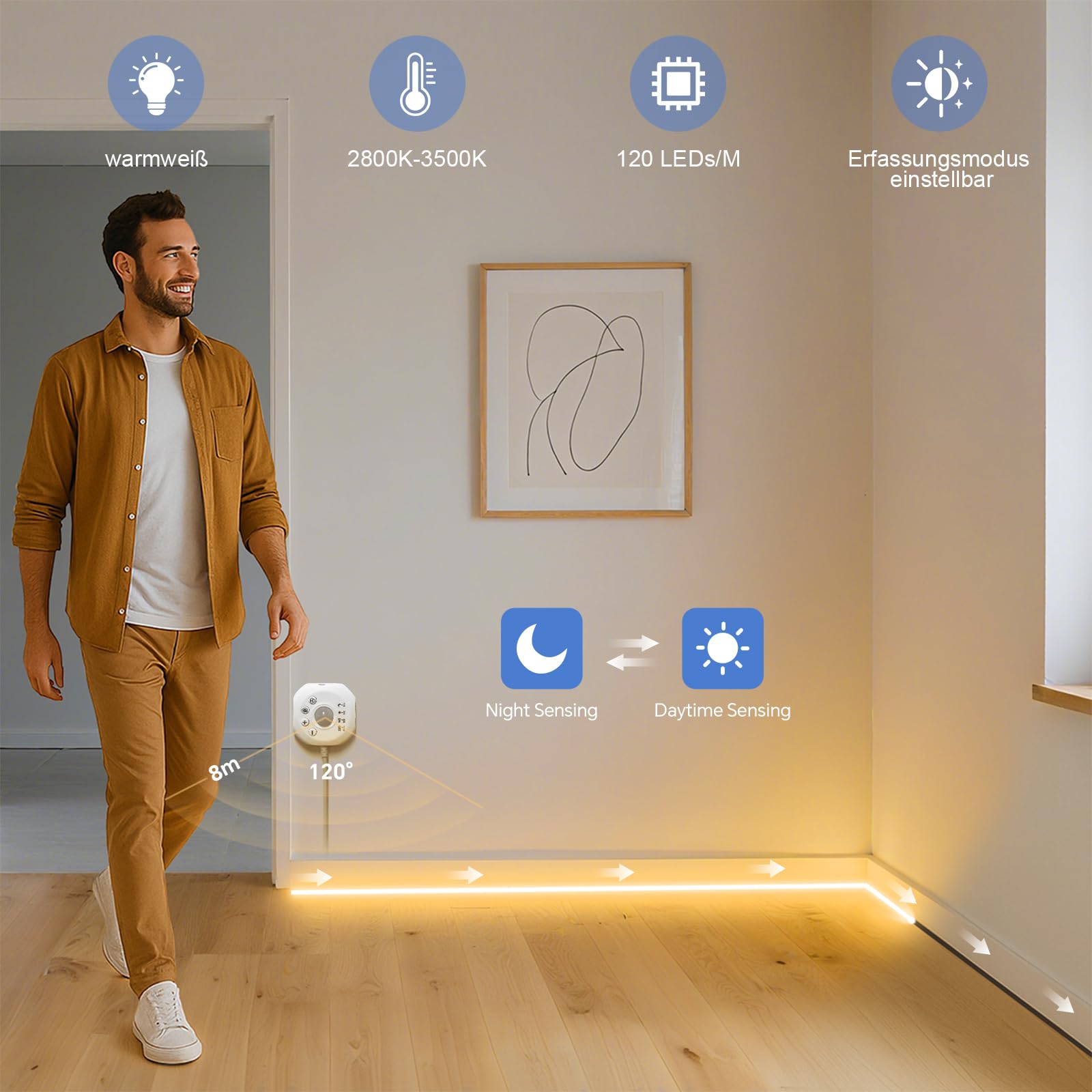 AIMENGTE COB LED Streifen, 5 m Warmweiß LED Treppenbeleuchtung mit Bewegungsmelder, Ausgestattet mit Zwei Beleuchtungsmodi, für Unterschränke, Küche, Treppen, Schlafzimmer