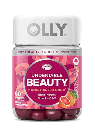 OLLY Undeniable Beauty Gummy, For Hair, Skin, Nails, Biotin, Vitamin C, Keratin, Chewable Supplement, Grapefruit, 30 Day Supply - 60 Count - 60 Count (Pack of 1)