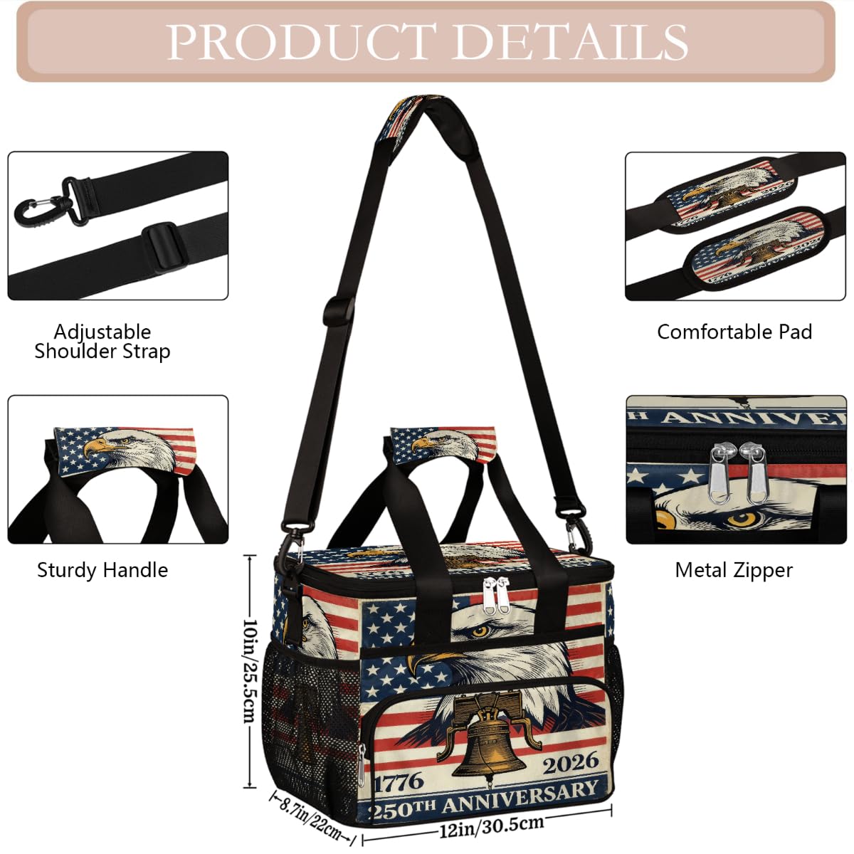 Grand sac isotherme de camping pour pique-nique, 250e anniversaire de mariage, motif aigle, liberté, cloche, sac à déjeuner et boîte à déjeuner pour homme et femme, 20 l